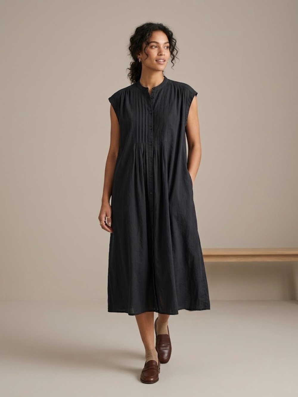 Masai Copenhagen Black Cotton Pintuck Button Front Midi Shirt Dress Sleeveless M